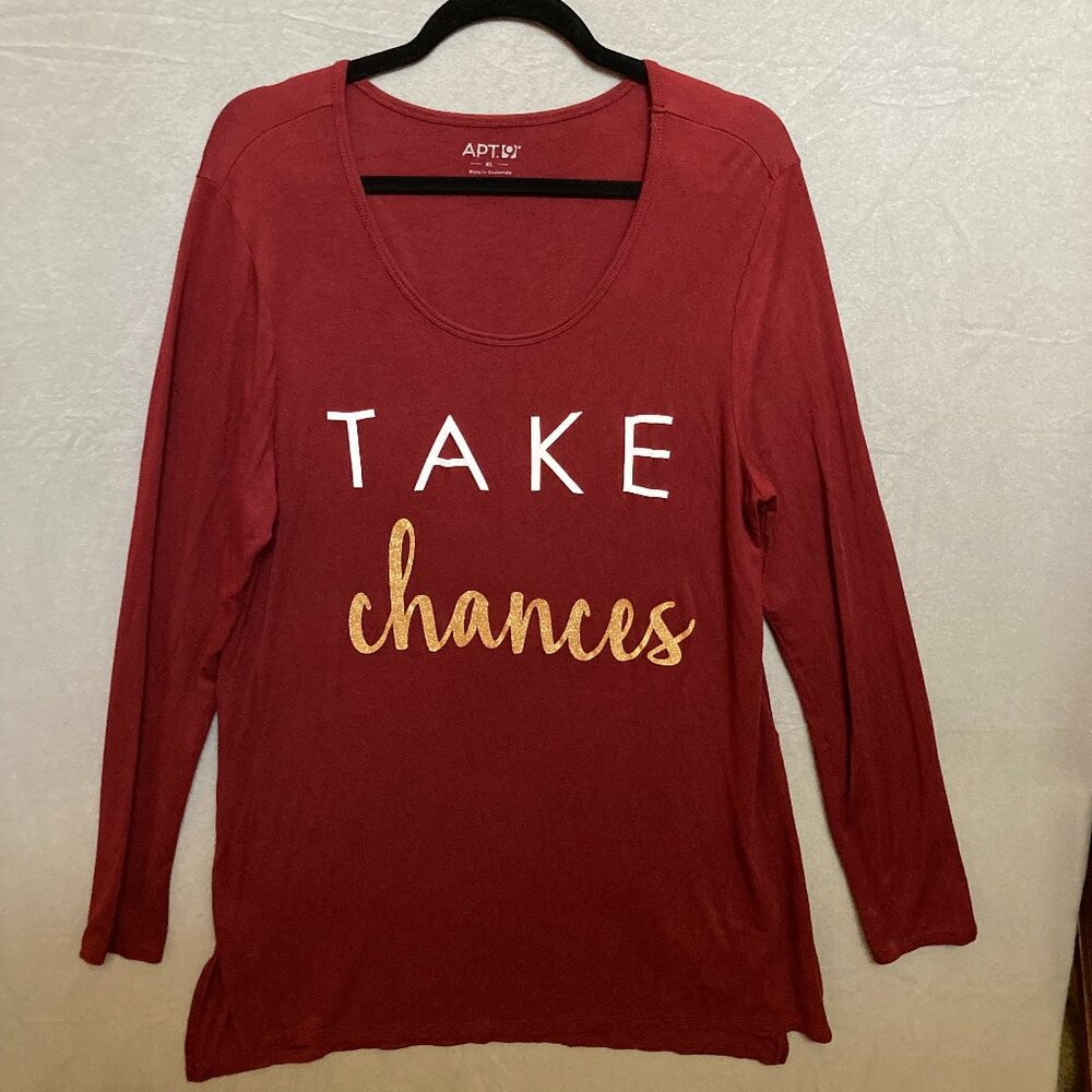 Apt 9 Womens XL Long Sleeved Maroon Tunic Top Take Chances Graphic Soft Rayon